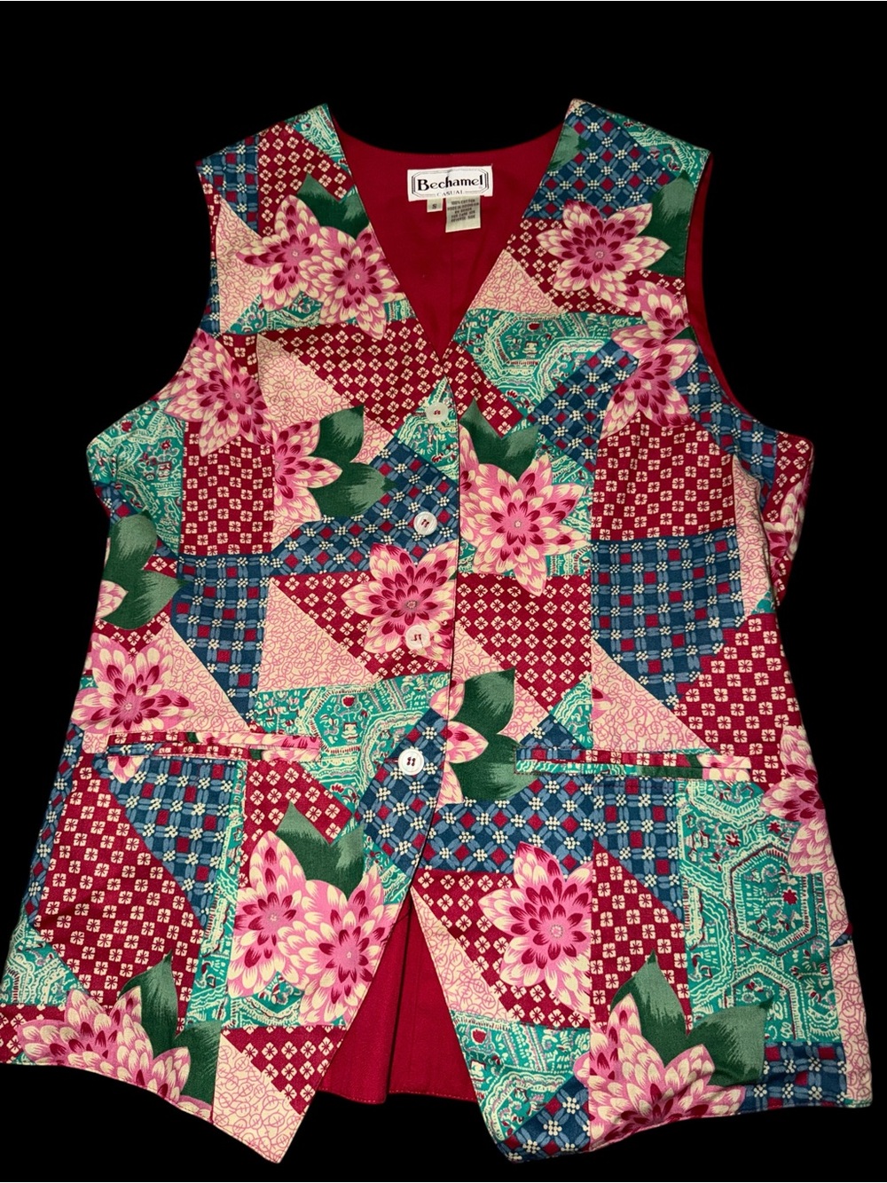 Bechamel Patchwork Floral Vest in Burgundy, Teal & Pink Grannycore